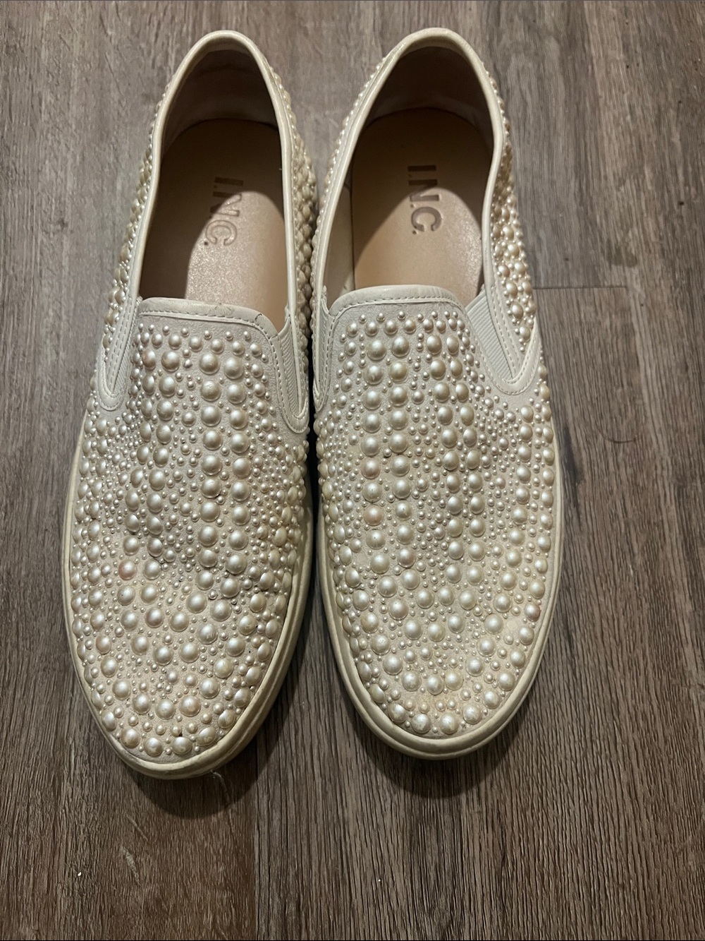 INC International Concepts Pearl-Embellished Slip-On Moccasins in Cream